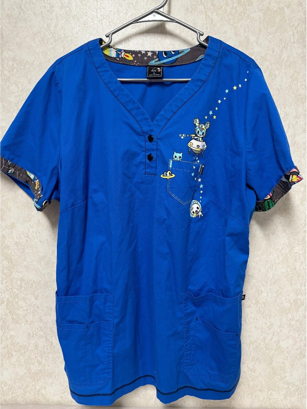 tokidoki by koi Womens Space Print Scrub Top Royal Blue 2X